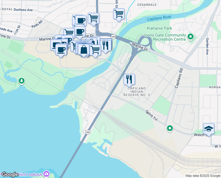map of restaurants, bars, coffee shops, grocery stores, and more near 422 Raindance Crescent in North Vancouver