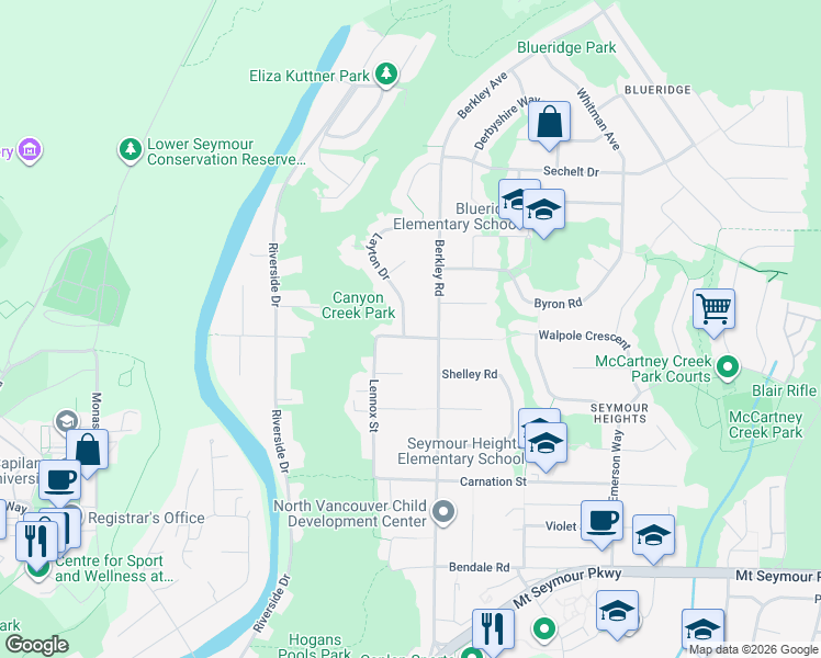 map of restaurants, bars, coffee shops, grocery stores, and more near 1630 Layton Drive in North Vancouver