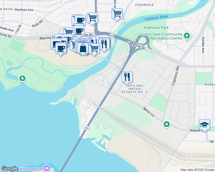 map of restaurants, bars, coffee shops, grocery stores, and more near 401 Raindance Crescent in North Vancouver