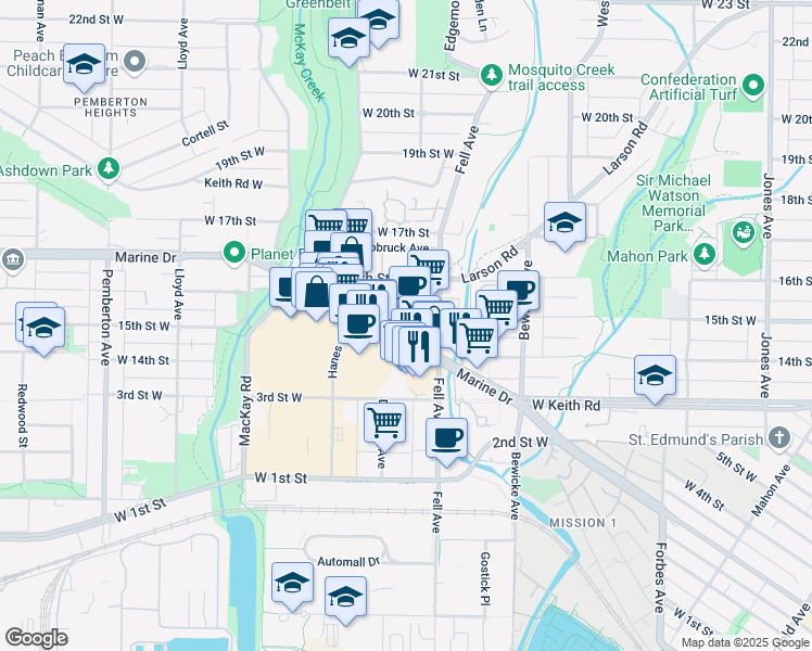 map of restaurants, bars, coffee shops, grocery stores, and more near in North Vancouver