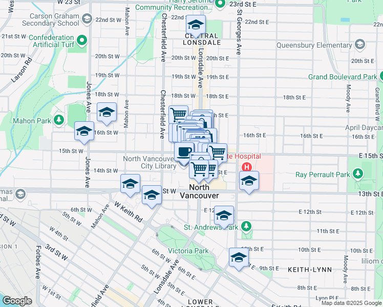 map of restaurants, bars, coffee shops, grocery stores, and more near 150 15th Street West in North Vancouver