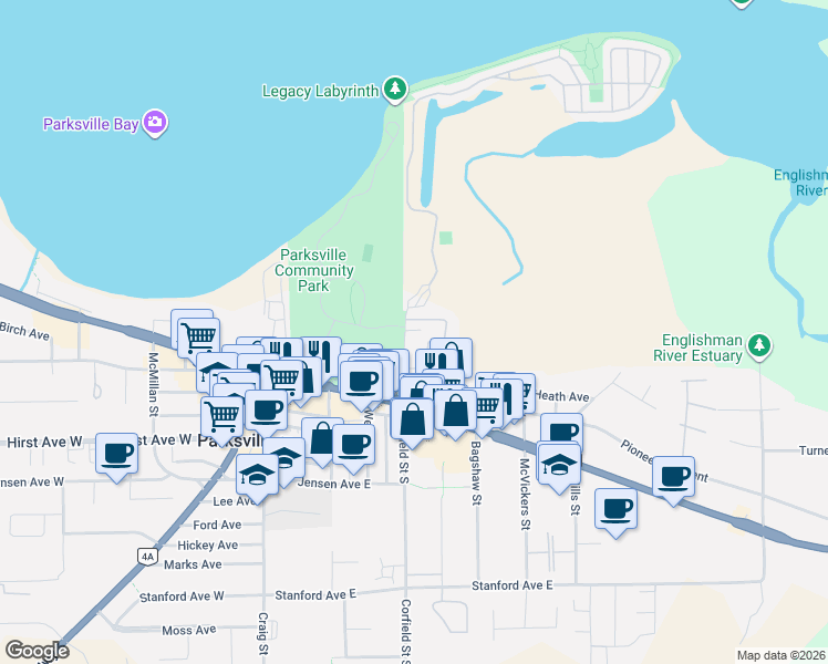 map of restaurants, bars, coffee shops, grocery stores, and more near 150 Corfield Street North in Parksville