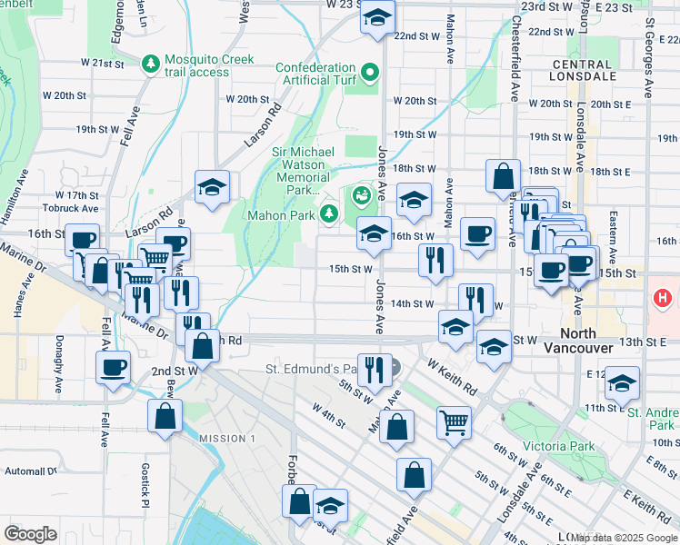 map of restaurants, bars, coffee shops, grocery stores, and more near 443 15th Street West in North Vancouver
