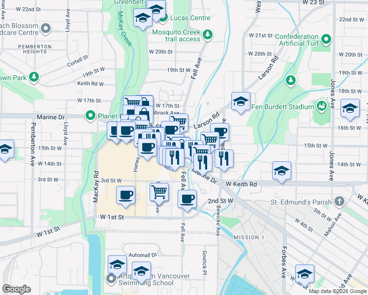 map of restaurants, bars, coffee shops, grocery stores, and more near Fell Avenue in North Vancouver