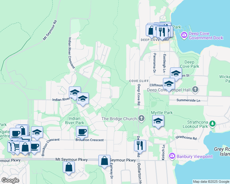 map of restaurants, bars, coffee shops, grocery stores, and more near 1500 Ostler Court in North Vancouver