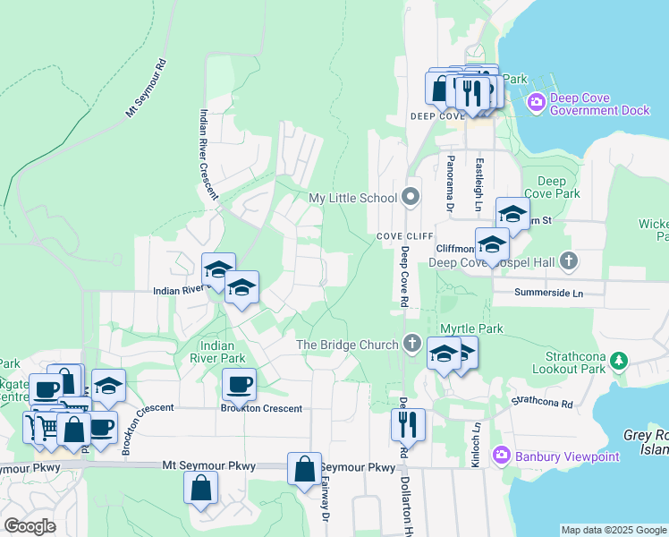 map of restaurants, bars, coffee shops, grocery stores, and more near 1500 Ostler Court in North Vancouver