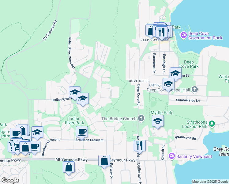 map of restaurants, bars, coffee shops, grocery stores, and more near in North Vancouver