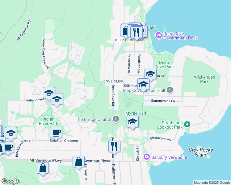 map of restaurants, bars, coffee shops, grocery stores, and more near 1706 Deep Cove Road in North Vancouver