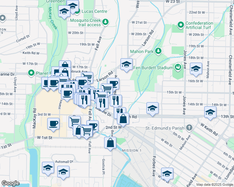 map of restaurants, bars, coffee shops, grocery stores, and more near 665 15th Street West in North Vancouver