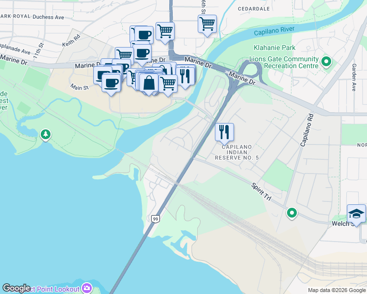 map of restaurants, bars, coffee shops, grocery stores, and more near 204 Lions Gate Bridge Road in West Vancouver