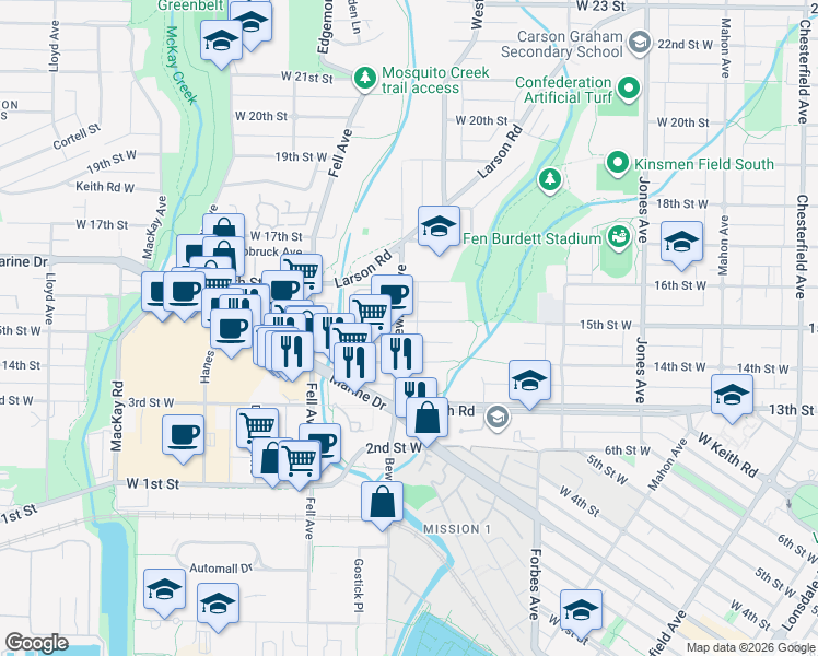 map of restaurants, bars, coffee shops, grocery stores, and more near 665 West 15 Street in North Vancouver