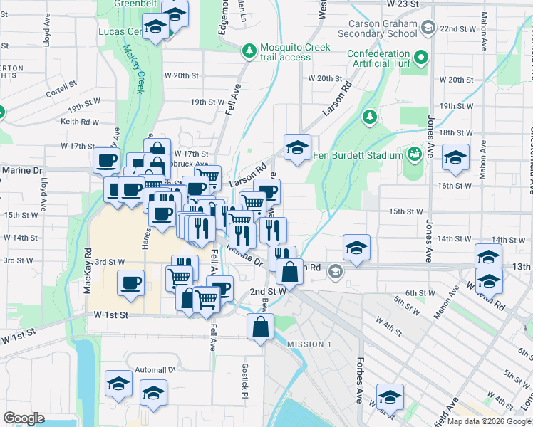 map of restaurants, bars, coffee shops, grocery stores, and more near 715 15th Street West in North Vancouver