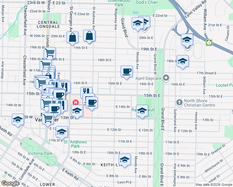 map of restaurants, bars, coffee shops, grocery stores, and more near 404 15th Street East in North Vancouver