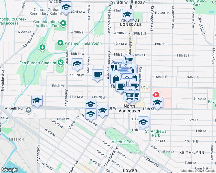 map of restaurants, bars, coffee shops, grocery stores, and more near 245 West 15th Avenue in Vancouver