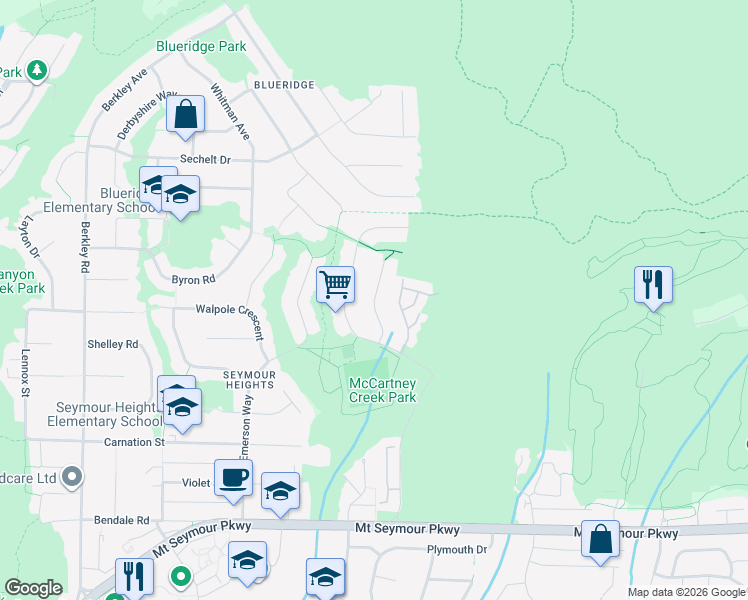 map of restaurants, bars, coffee shops, grocery stores, and more near Orkney Place in North Vancouver