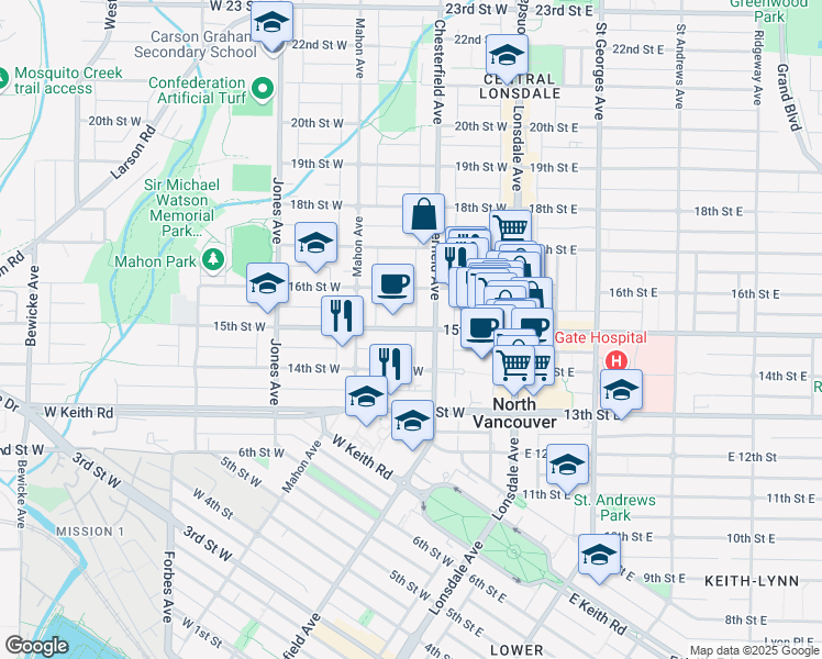 map of restaurants, bars, coffee shops, grocery stores, and more near 230 15th Street West in North Vancouver