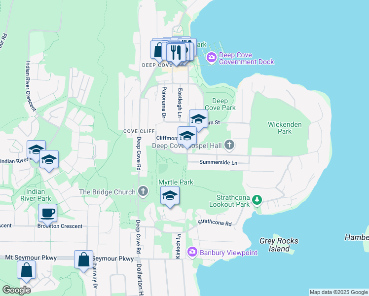 map of restaurants, bars, coffee shops, grocery stores, and more near 1737 Banbury Road in North Vancouver