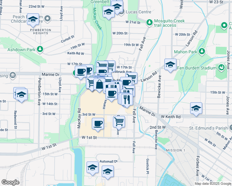 map of restaurants, bars, coffee shops, grocery stores, and more near Marine Drive in North Vancouver