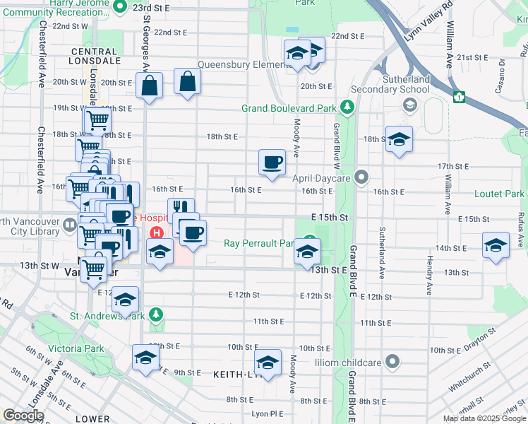 map of restaurants, bars, coffee shops, grocery stores, and more near 420 15th Street East in North Vancouver