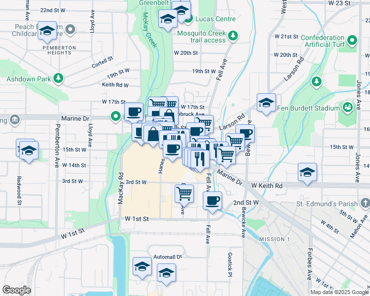 map of restaurants, bars, coffee shops, grocery stores, and more near 863 15th Street West in North Vancouver
