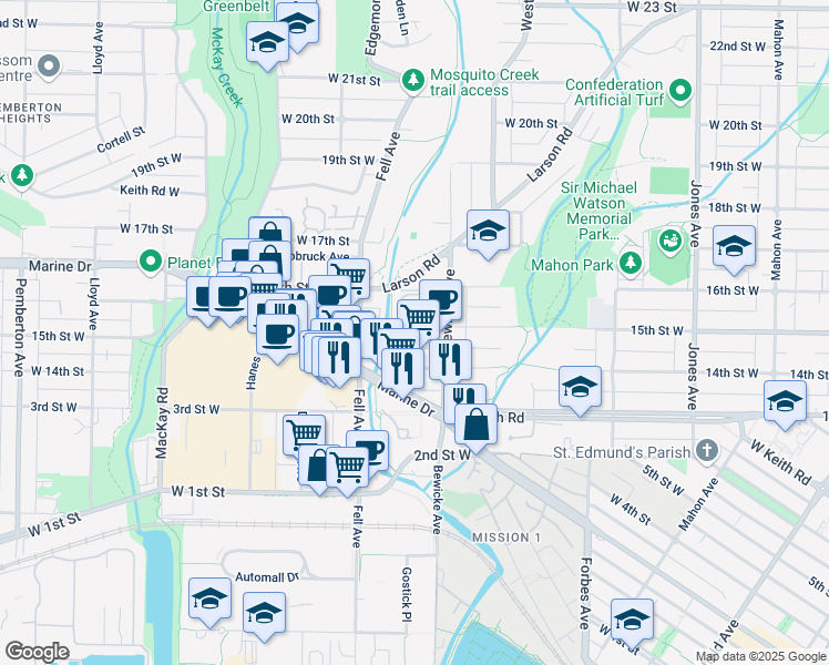 map of restaurants, bars, coffee shops, grocery stores, and more near in North Vancouver