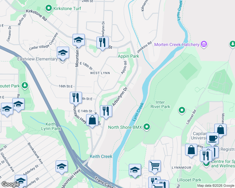 map of restaurants, bars, coffee shops, grocery stores, and more near 1525 Avonlynn Crescent in North Vancouver