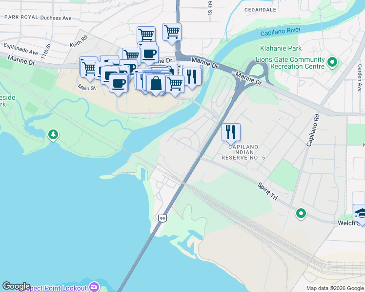 map of restaurants, bars, coffee shops, grocery stores, and more near 515 Tyee Court in West Vancouver