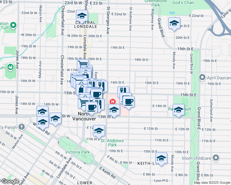 map of restaurants, bars, coffee shops, grocery stores, and more near 214 15th Street East in North Vancouver