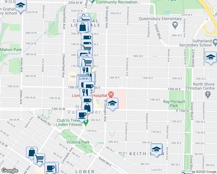 map of restaurants, bars, coffee shops, grocery stores, and more near in North Vancouver