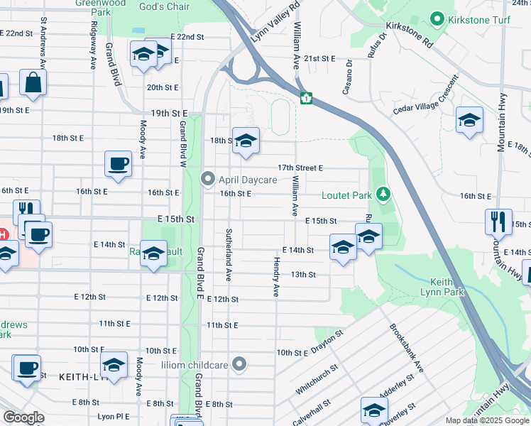 map of restaurants, bars, coffee shops, grocery stores, and more near 744 East 15th Street in North Vancouver