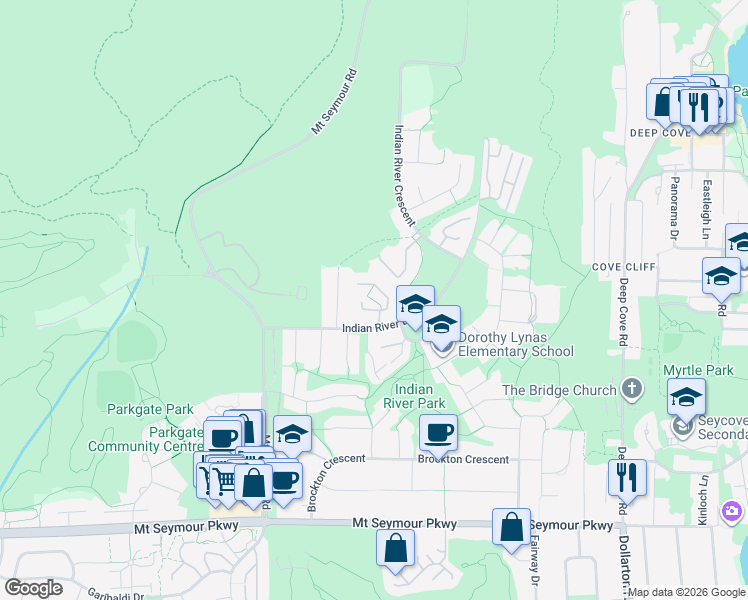 map of restaurants, bars, coffee shops, grocery stores, and more near 3939 Indian River Drive in North Vancouver
