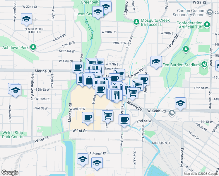 map of restaurants, bars, coffee shops, grocery stores, and more near 857 West 15 Street in North Vancouver