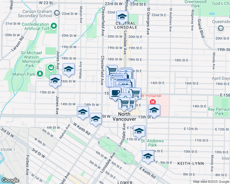 map of restaurants, bars, coffee shops, grocery stores, and more near in North Vancouver