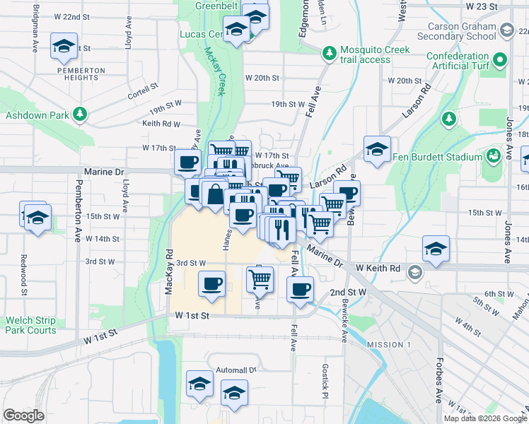 map of restaurants, bars, coffee shops, grocery stores, and more near in North Vancouver