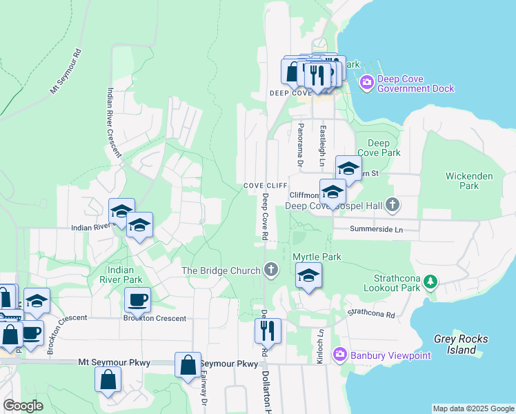 map of restaurants, bars, coffee shops, grocery stores, and more near 1721 Deep Cove Road in North Vancouver