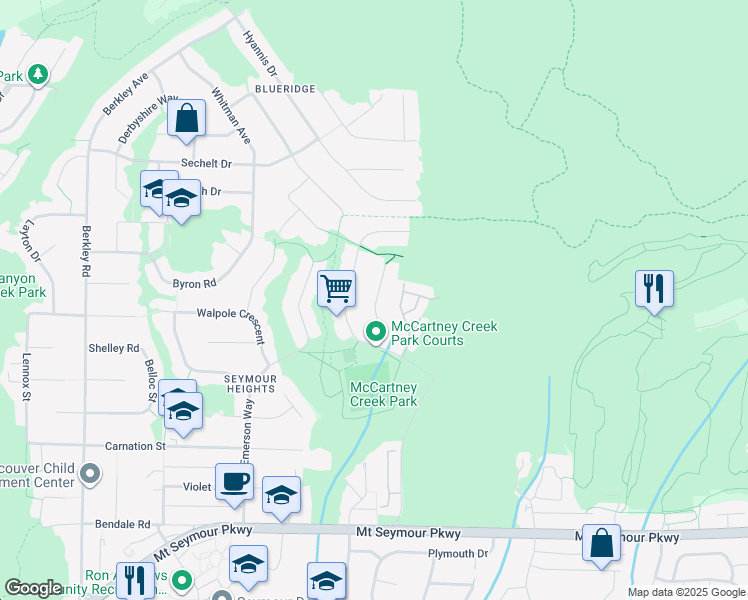 map of restaurants, bars, coffee shops, grocery stores, and more near 1725 Orkney Place in North Vancouver
