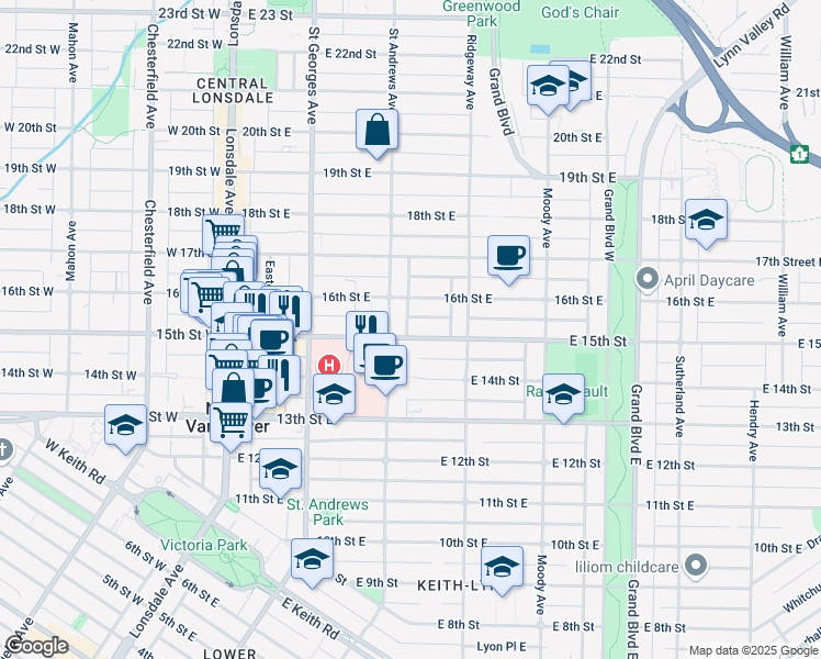 map of restaurants, bars, coffee shops, grocery stores, and more near in North Vancouver