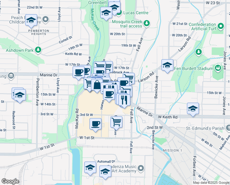 map of restaurants, bars, coffee shops, grocery stores, and more near 857 15th Street West in North Vancouver