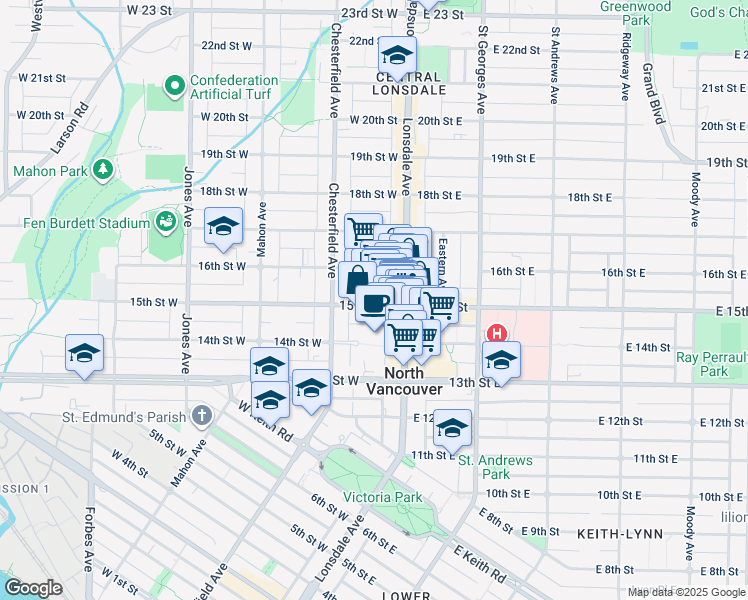 map of restaurants, bars, coffee shops, grocery stores, and more near 128 15th Street West in North Vancouver