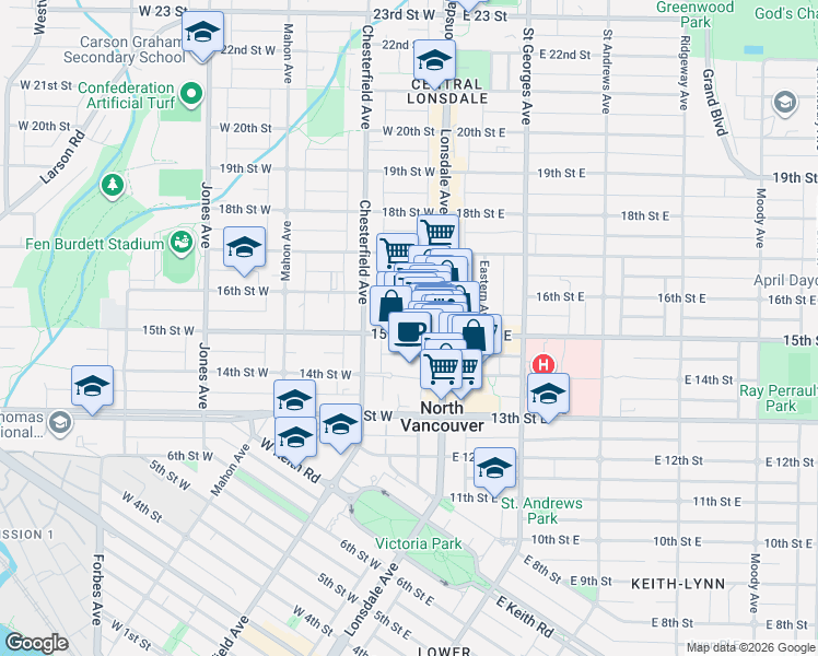 map of restaurants, bars, coffee shops, grocery stores, and more near in North Vancouver