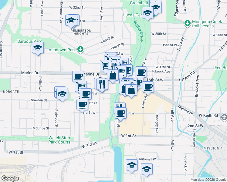 map of restaurants, bars, coffee shops, grocery stores, and more near 1000 Roosevelt Crescent in North Vancouver