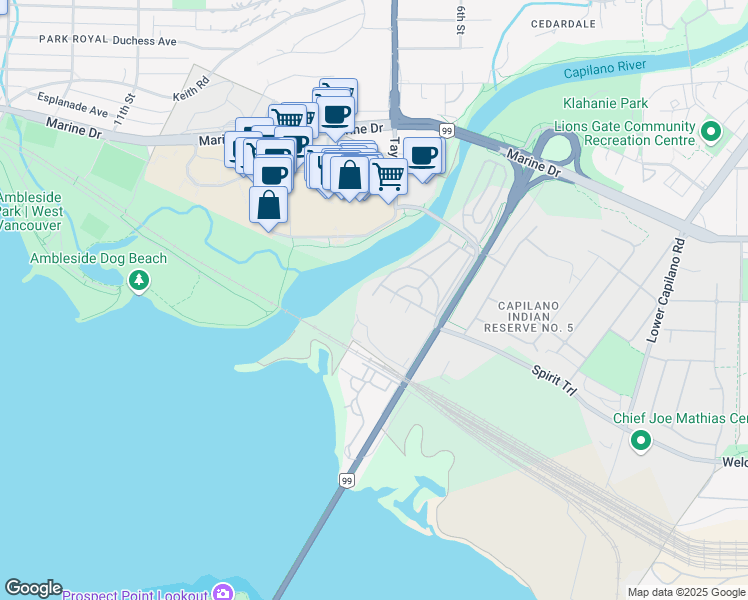 map of restaurants, bars, coffee shops, grocery stores, and more near 506 Raindance Court in West Vancouver
