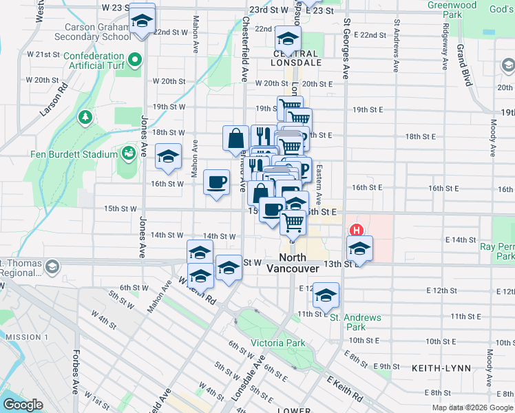 map of restaurants, bars, coffee shops, grocery stores, and more near in Vancouver
