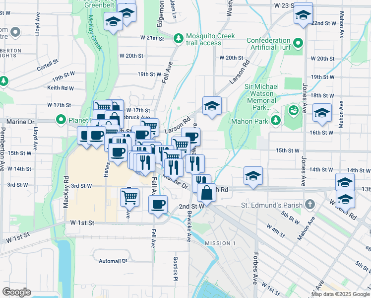 map of restaurants, bars, coffee shops, grocery stores, and more near in North Vancouver