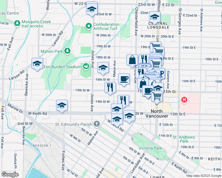 map of restaurants, bars, coffee shops, grocery stores, and more near 308 West 15 Street in North Vancouver