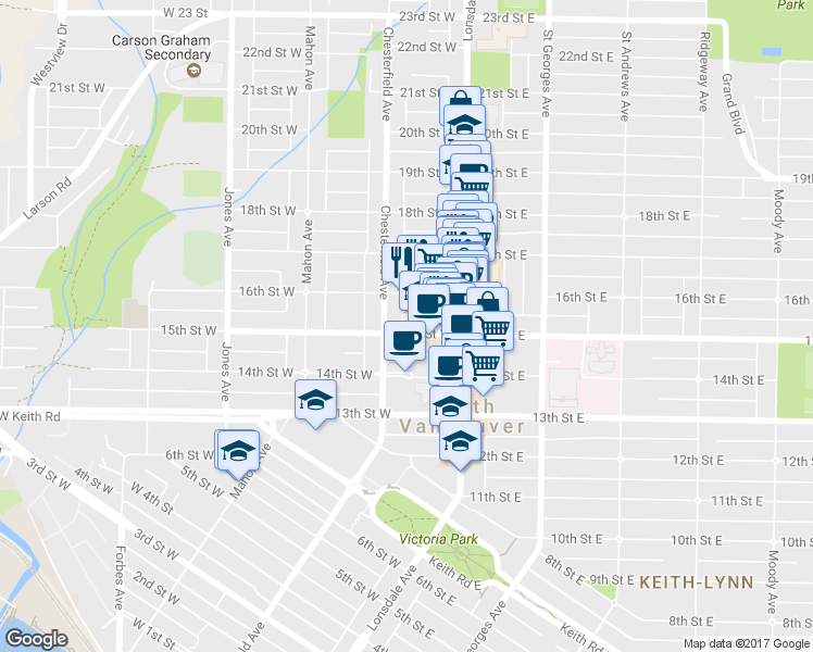 map of restaurants, bars, coffee shops, grocery stores, and more near in North Vancouver