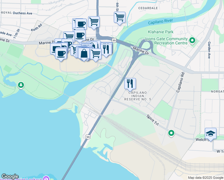 map of restaurants, bars, coffee shops, grocery stores, and more near 422 Raindance Crescent in North Vancouver