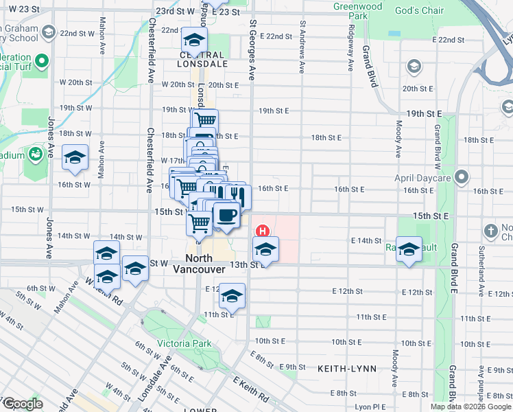 map of restaurants, bars, coffee shops, grocery stores, and more near 206 15th Street East in North Vancouver