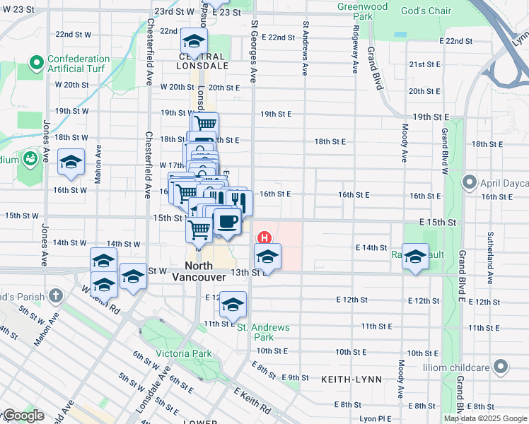 map of restaurants, bars, coffee shops, grocery stores, and more near 214 East 15th Street in North Vancouver