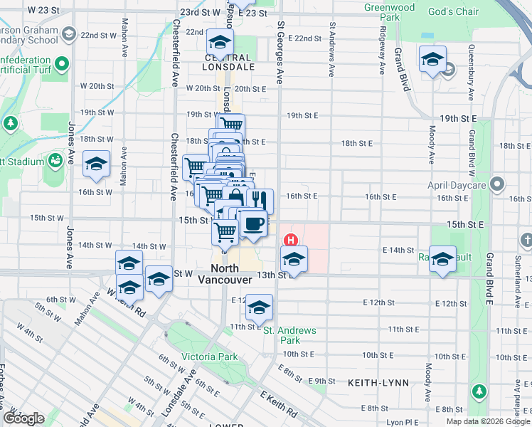 map of restaurants, bars, coffee shops, grocery stores, and more near 150 15th Street East in North Vancouver
